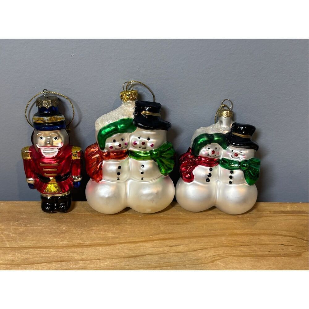 Vintage blown glass Christmas tree ornaments snowman and Nutcracker soldier bund
